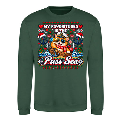 Pussy-Sea Sweater in Bottle Green – Vorderansicht mit großem Weihnachtsmotiv