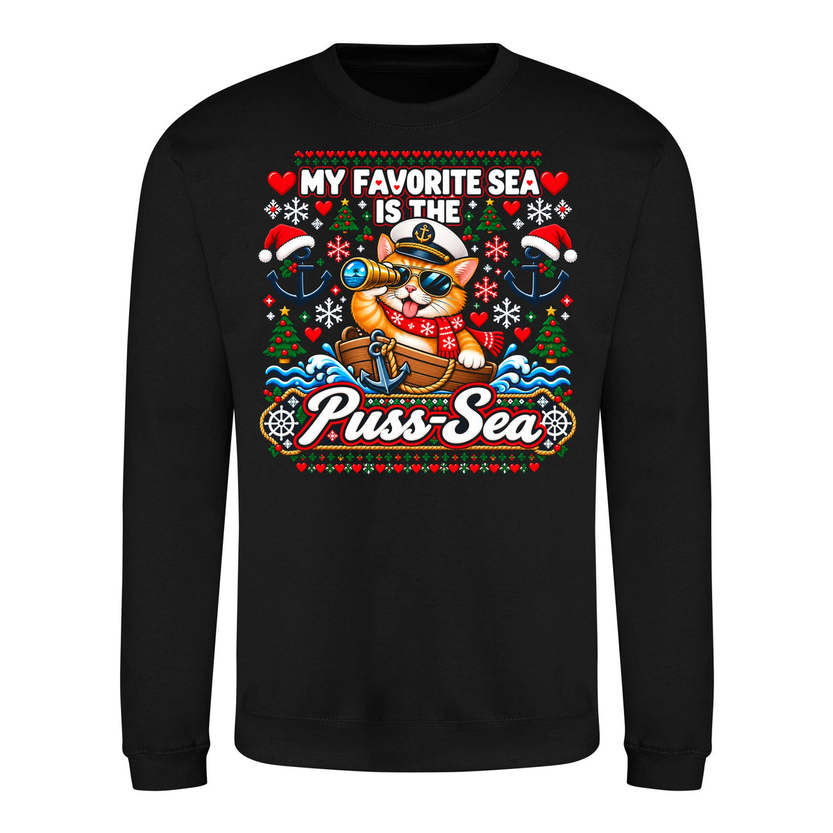 Pussy-Sea Sweater in Deep Black – Vorderansicht mit großem Weihnachtsmotiv
