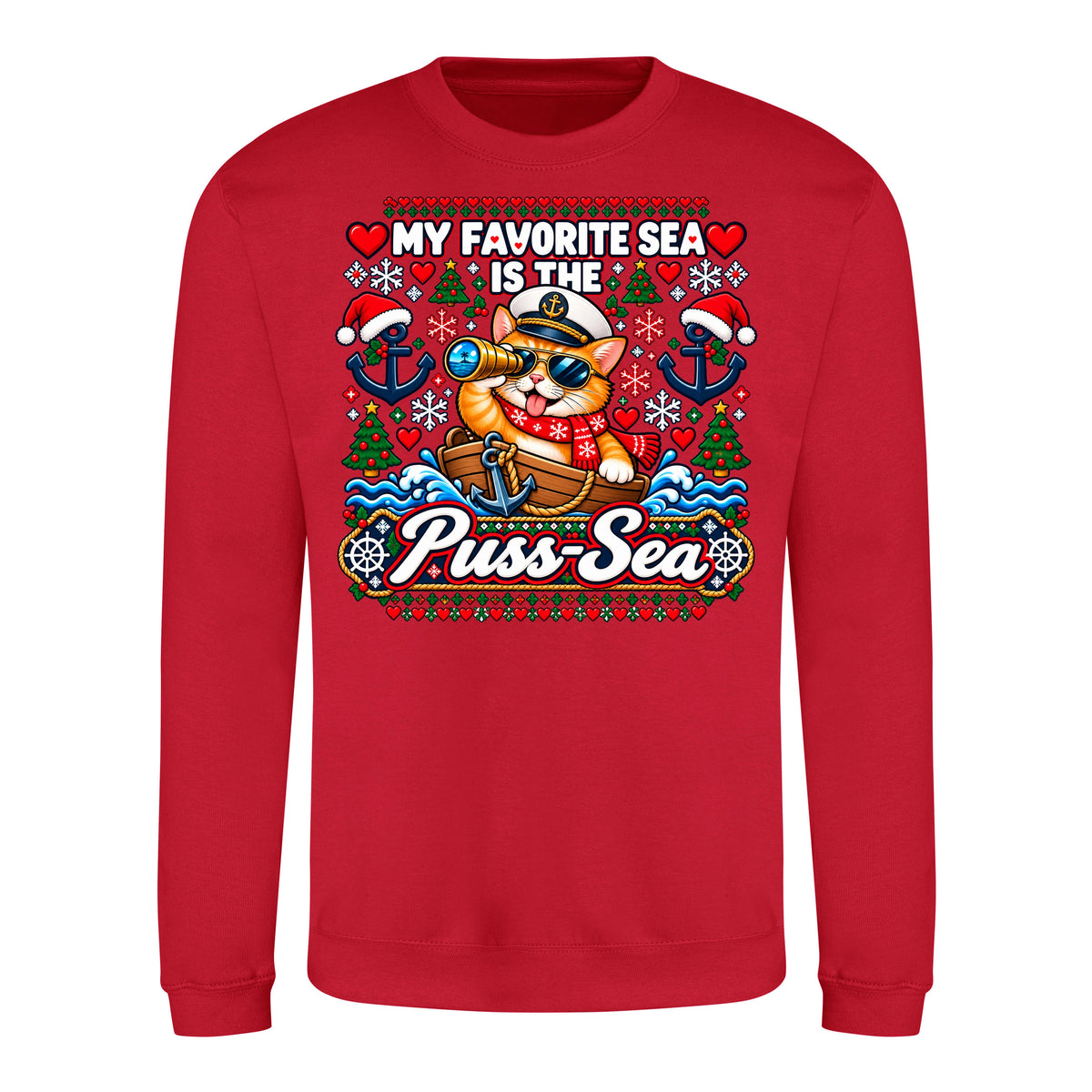 Pussy-Sea Sweater in Fire Red – Vorderansicht mit großem Weihnachtsmotiv