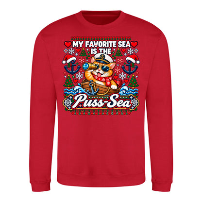Pussy-Sea Sweater in Fire Red – Vorderansicht mit großem Weihnachtsmotiv