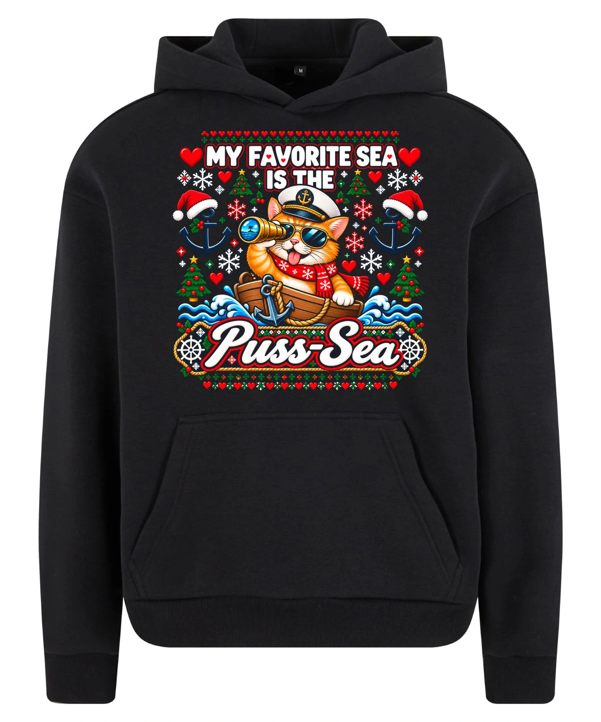 Pussy-Sea Hoodie in Black – Vorderansicht mit großem Weihnachtsmotiv