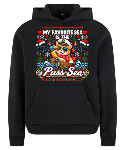 Pussy-Sea Hoodie in Black – Vorderansicht mit großem Weihnachtsmotiv