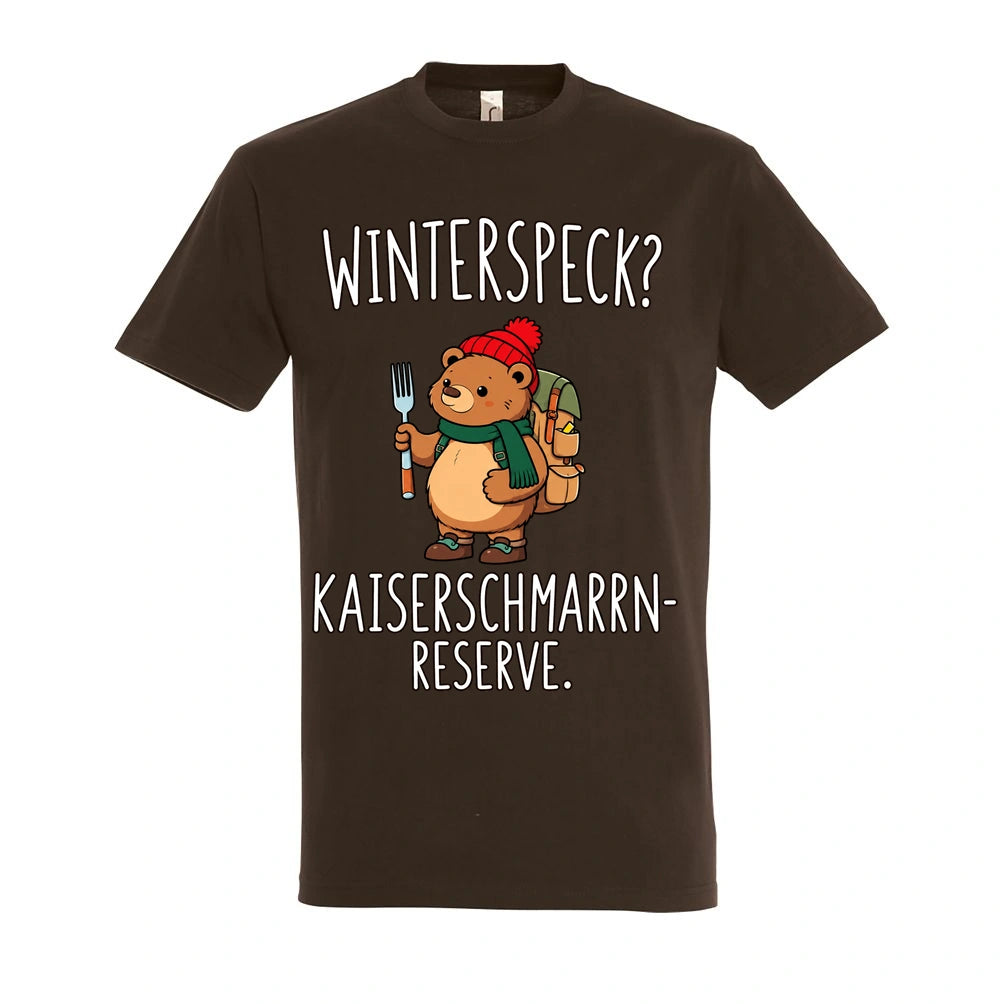 Kaiserschmarrn-Reserve T-Shirt Unisex in Chocolate – Vorderansicht mit mittlerer Brustplatzierung des Kaiserbär-Motivs