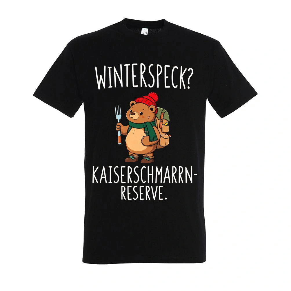 Kaiserschmarrn-Reserve T-Shirt Unisex in Deep Black – Vorderansicht mit mittlerer Brustplatzierung des Kaiserbär-Motivs