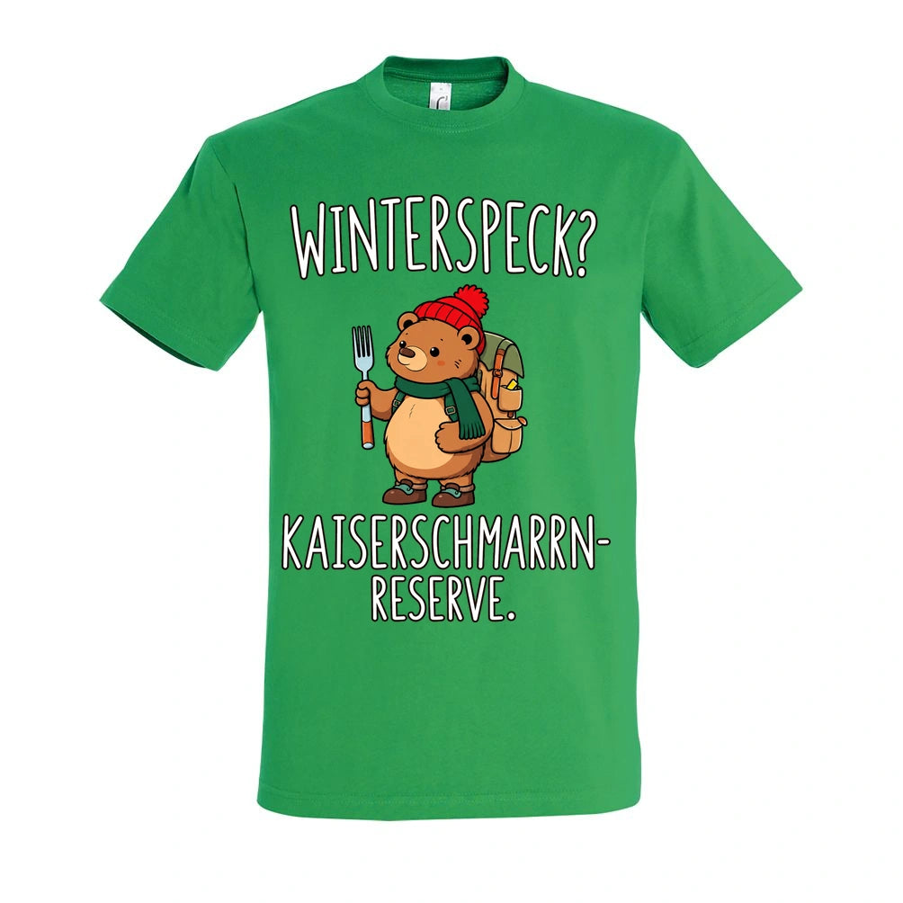 Kaiserschmarrn-Reserve T-Shirt Unisex in Kelly Green – Vorderansicht mit mittlerer Brustplatzierung des Kaiserbär-Motivs