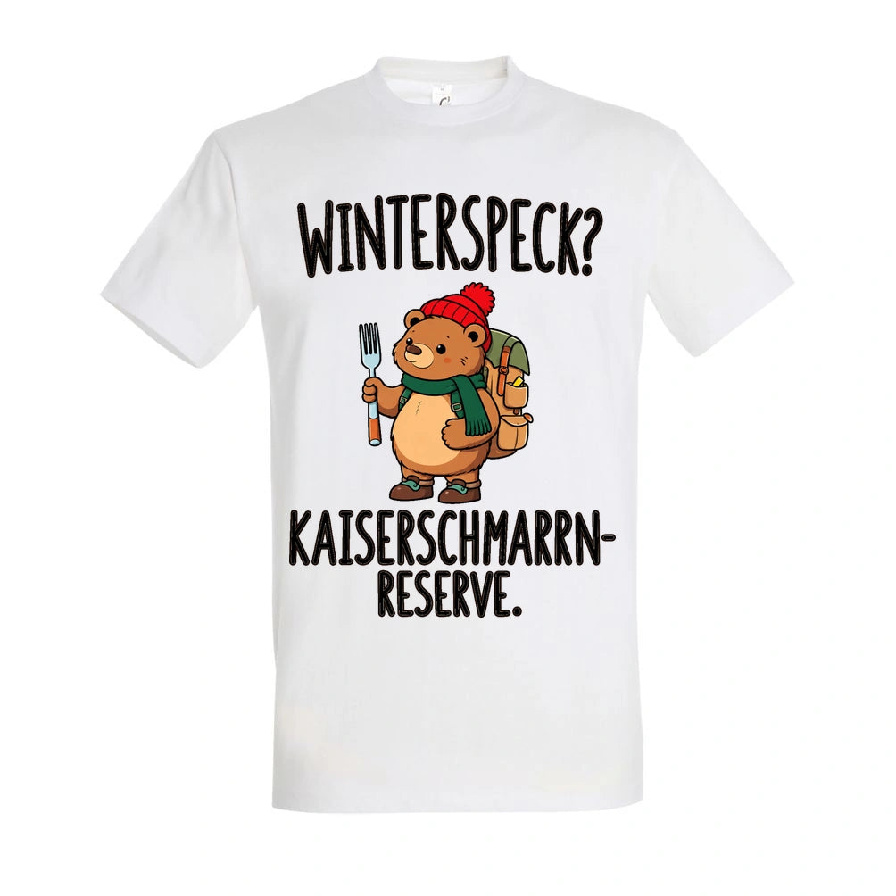 Kaiserschmarrn-Reserve T-Shirt Unisex in White – Vorderansicht mit mittlerer Brustplatzierung des Kaiserbär-Motivs