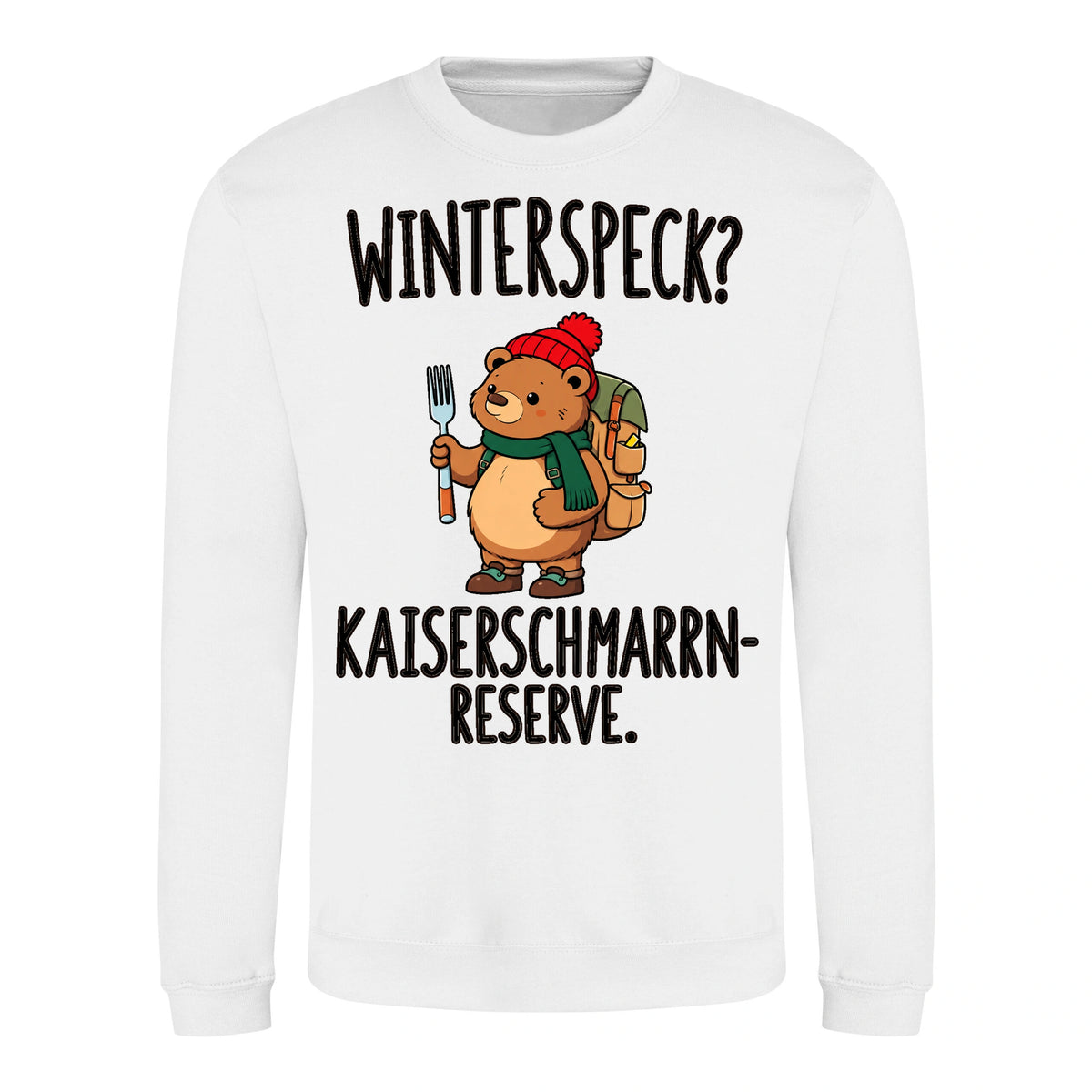 Kaiserschmarrn-Reserve Sweater in Arctic White – Vorderansicht mit Kaiserbär-Weihnachtsmotiv