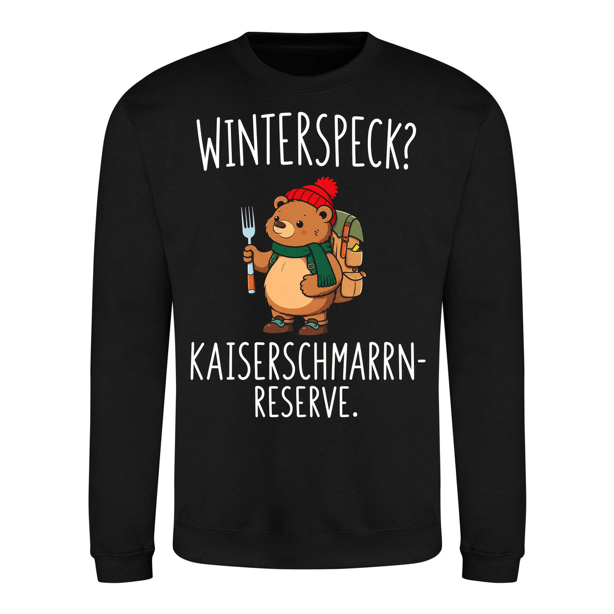 Kaiserschmarrn-Reserve Sweater in Deep Black – Vorderansicht mit Kaiserbär-Weihnachtsmotiv