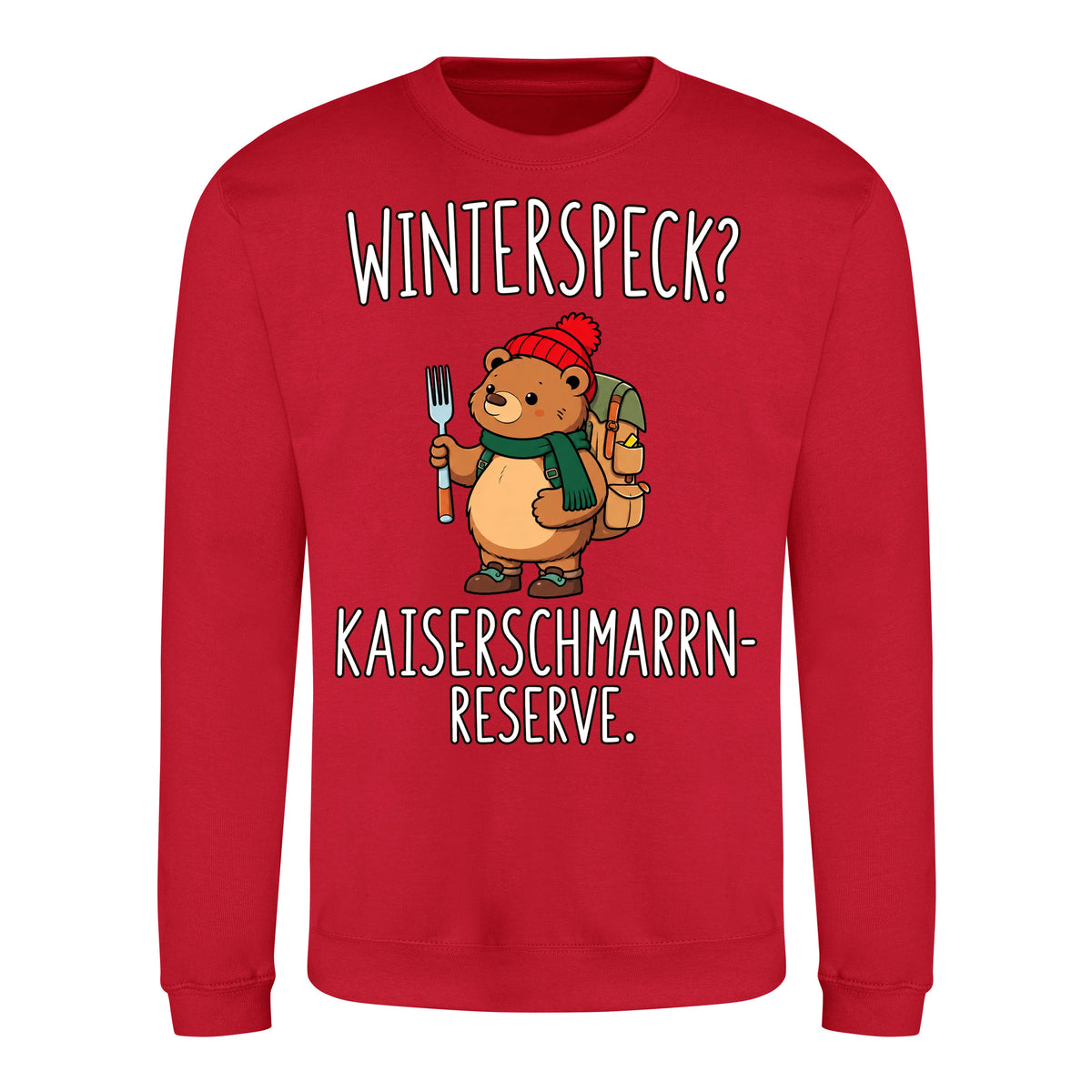 Kaiserschmarrn-Reserve Sweater in Fire Red – Vorderansicht mit Kaiserbär-Weihnachtsmotiv