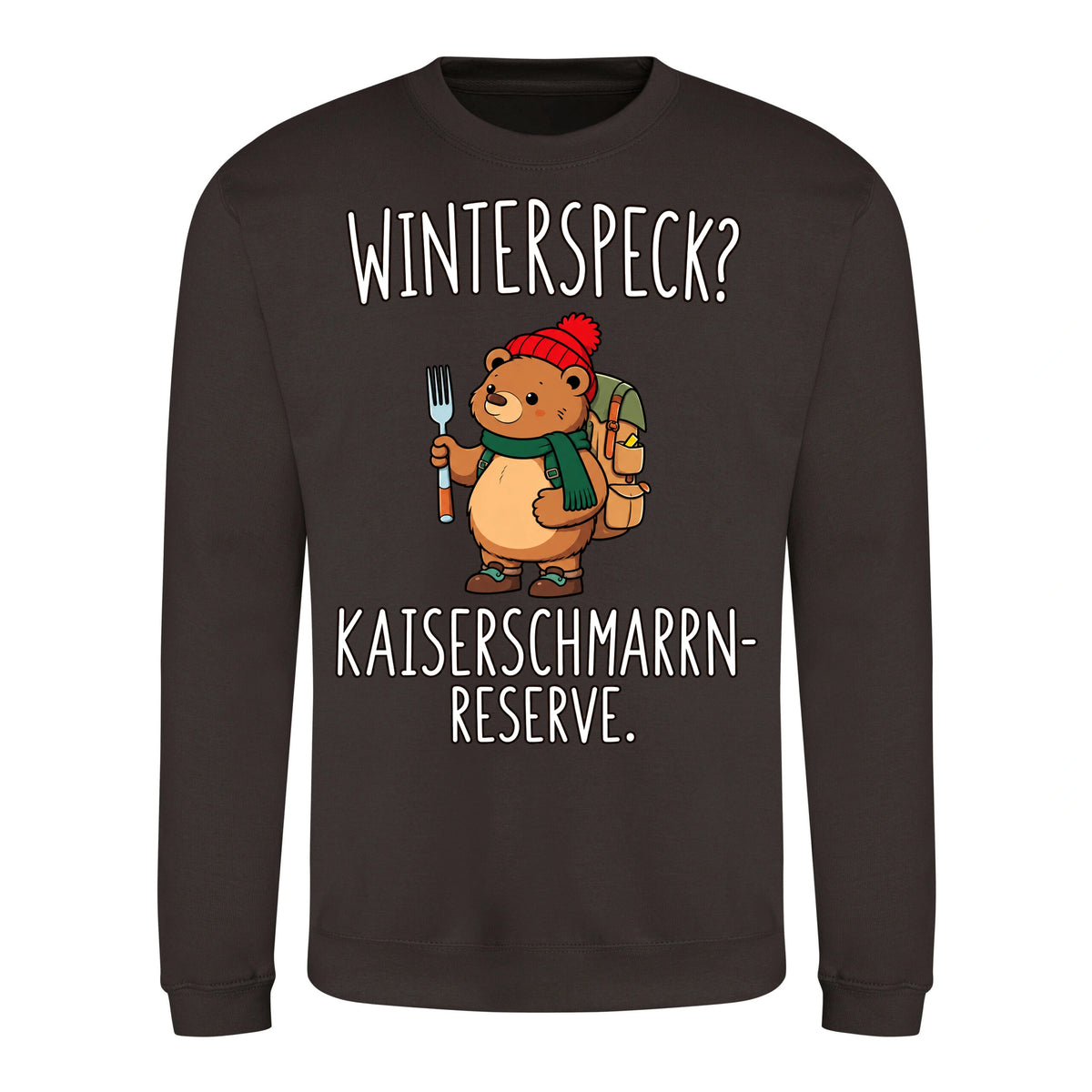 Kaiserschmarrn-Reserve Sweater in Hot Chocolate – Vorderansicht mit Kaiserbär-Weihnachtsmotiv
