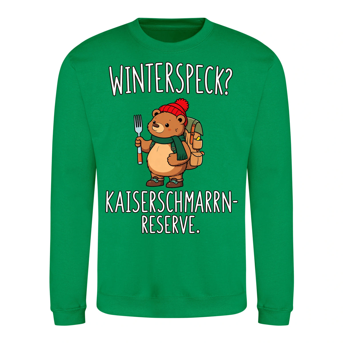 Kaiserschmarrn-Reserve Sweater in Kelly Green – Vorderansicht mit Kaiserbär-Weihnachtsmotiv