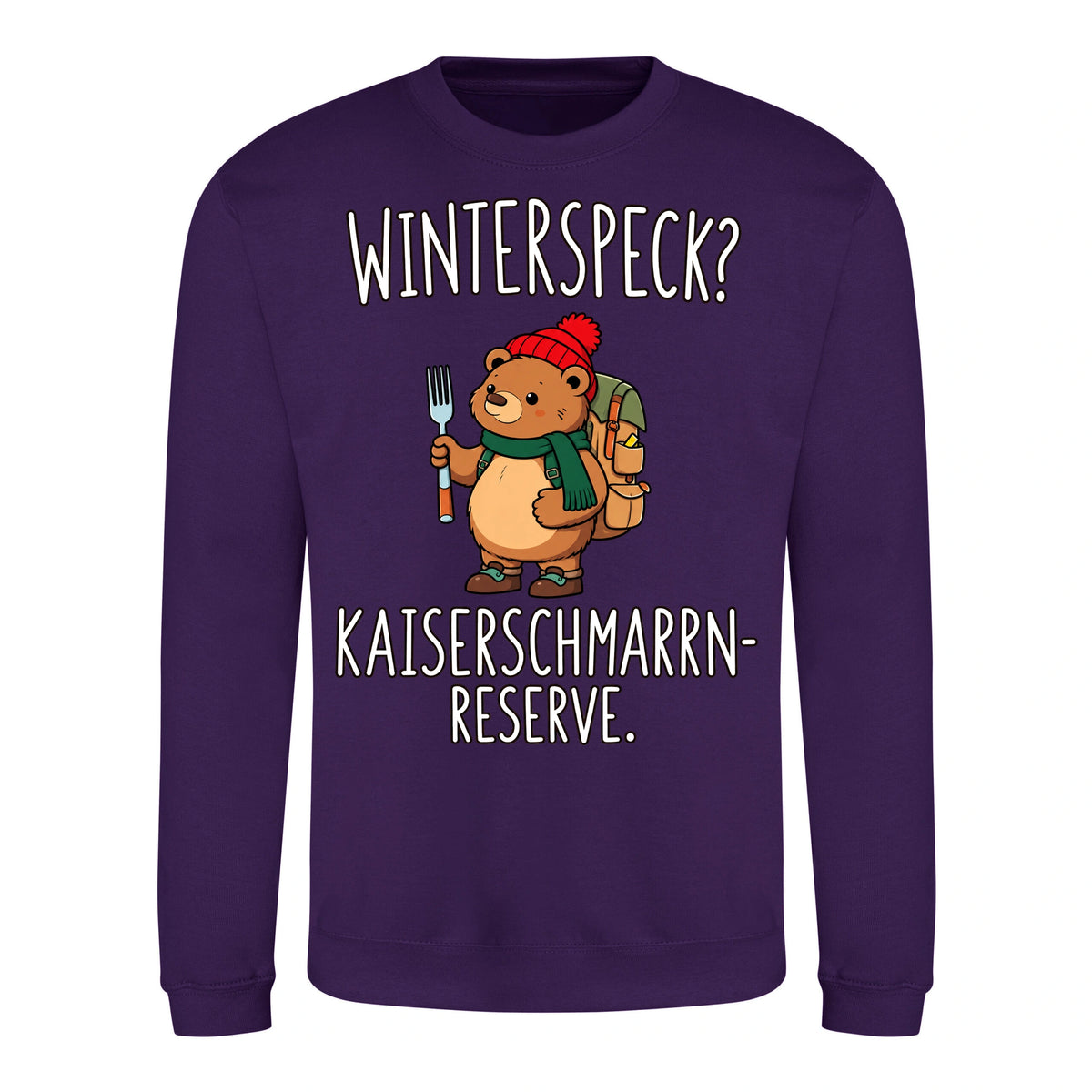 Kaiserschmarrn-Reserve Sweater in Purple – Vorderansicht mit Kaiserbär-Weihnachtsmotiv