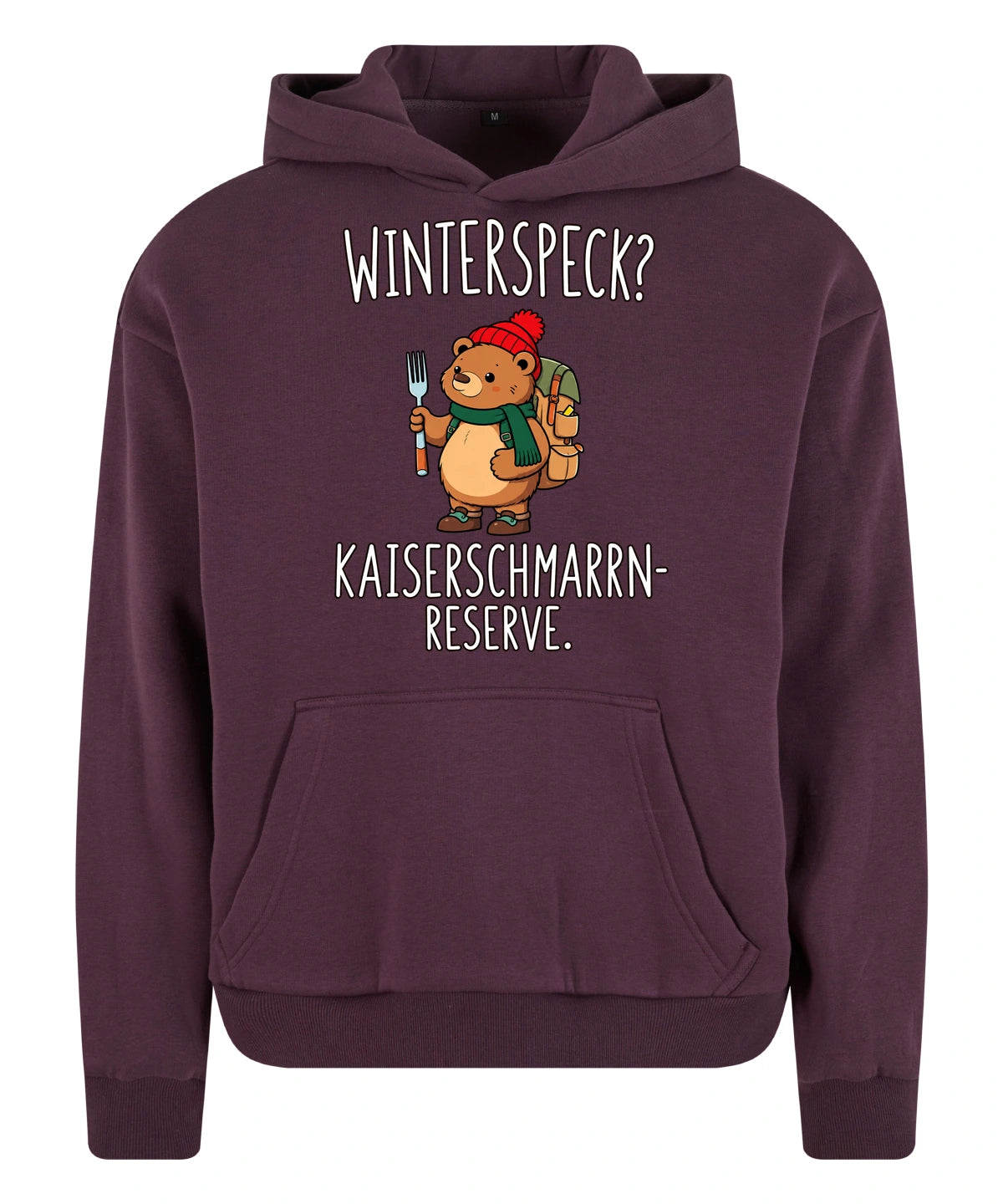 Kaiserschmarrn-Reserve Hoodie in Plum Purple – Vorderansicht mit Kaiserbär-Weihnachtsmotiv