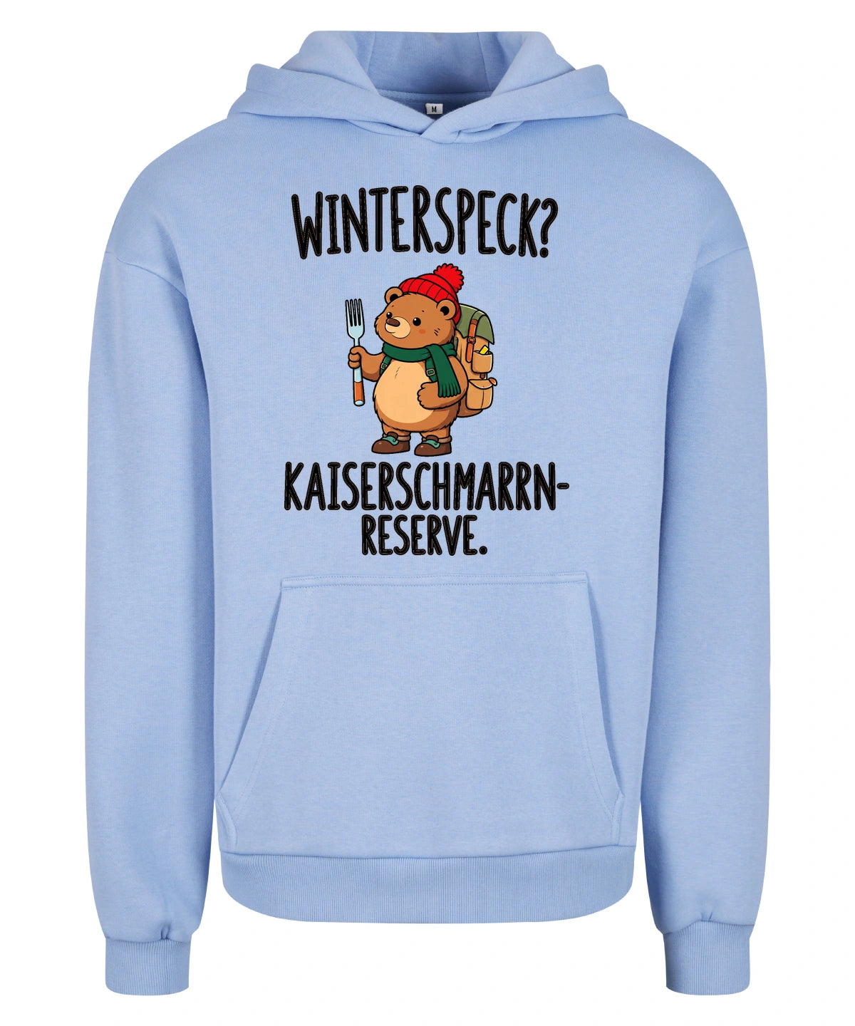 Kaiserschmarrn-Reserve Hoodie in Powder Blue – Vorderansicht mit Kaiserbär-Weihnachtsmotiv