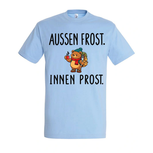 Außen Frost. Innen Prost. T-Shirt Unisex in Sky Blue – Vorderansicht mit mittlerer Brustplatzierung des Kaiserbär-Motivs
