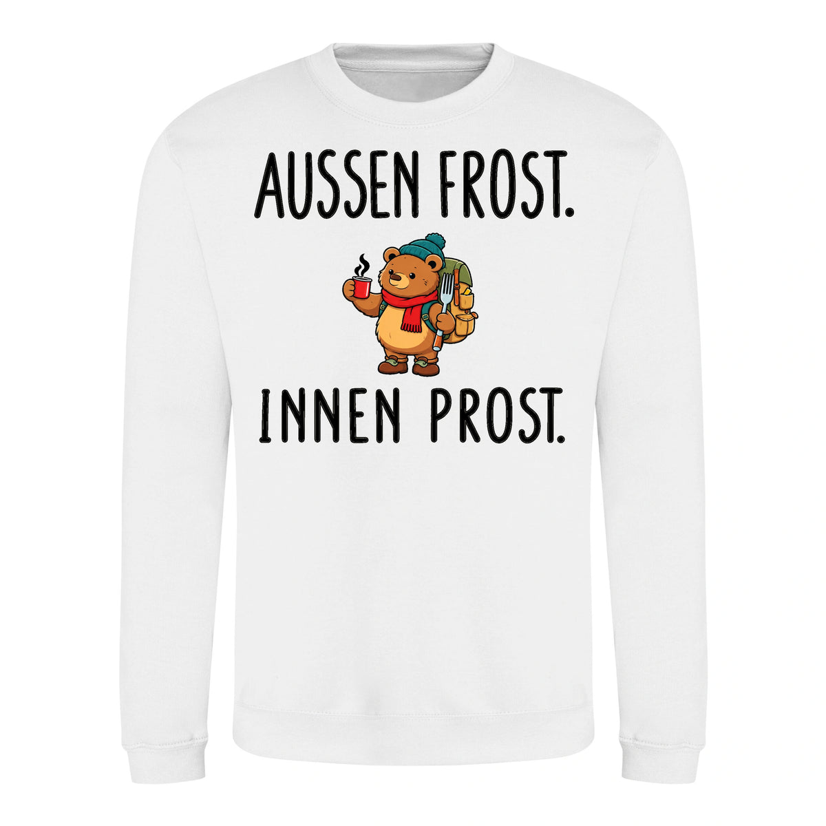 Außen Frost. Innen Prost. Sweater in Arctic White – Vorderansicht mit Kaiserbär-Weihnachtsmotiv
