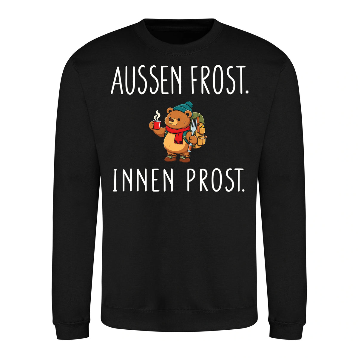 Außen Frost. Innen Prost. Sweater in Deep Black – Vorderansicht mit Kaiserbär-Weihnachtsmotiv