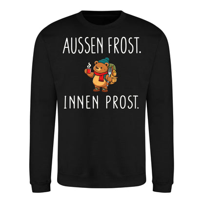 Außen Frost. Innen Prost. Sweater in Deep Black – Vorderansicht mit Kaiserbär-Weihnachtsmotiv