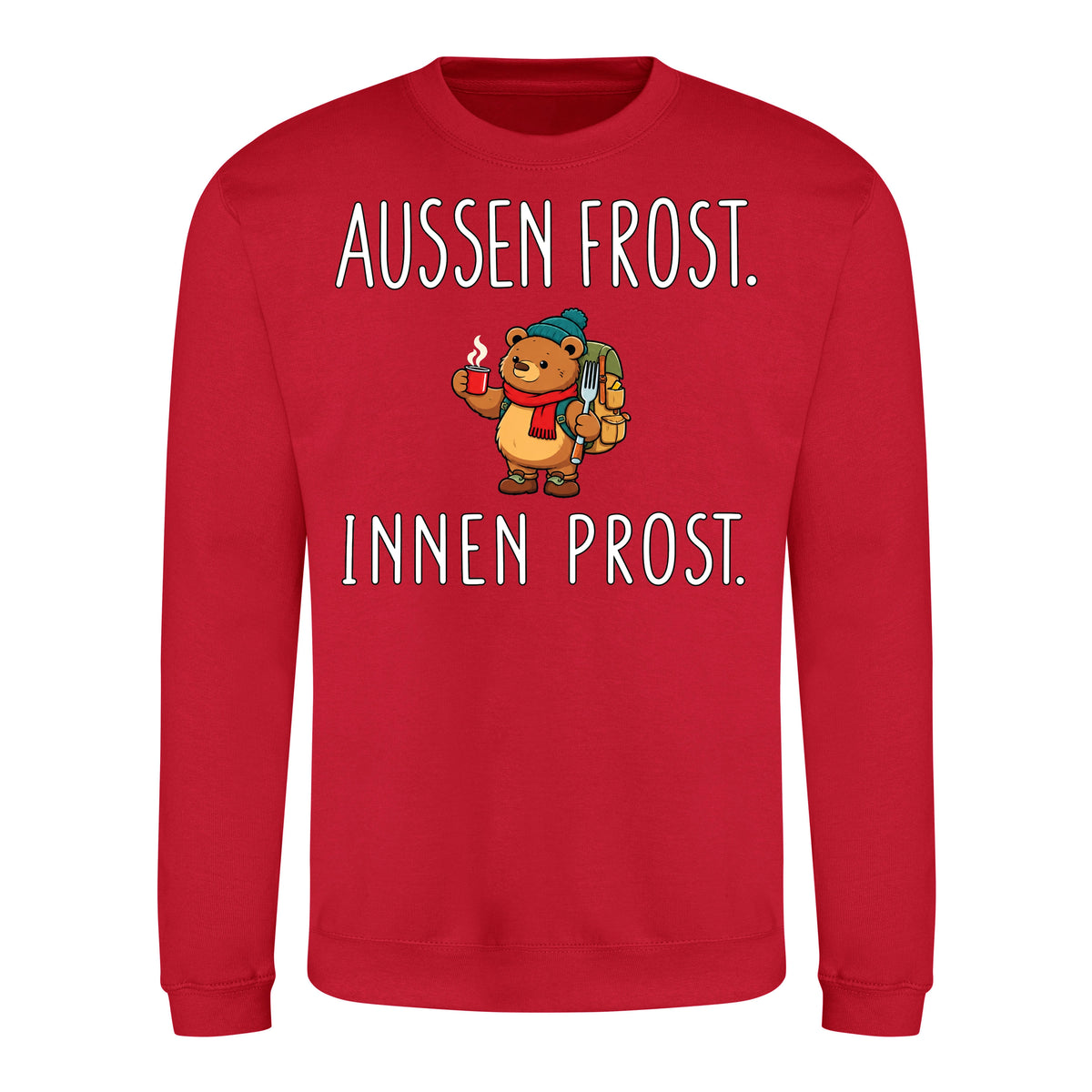 Außen Frost. Innen Prost. Sweater in Fire Red – Vorderansicht mit Kaiserbär-Weihnachtsmotiv