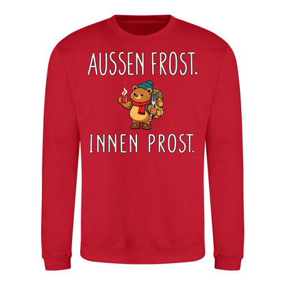Außen Frost. Innen Prost. Sweater in Fire Red – Vorderansicht mit Kaiserbär-Weihnachtsmotiv