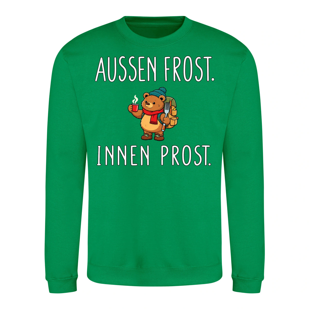 Außen Frost. Innen Prost. Sweater in Kelly Green – Vorderansicht mit Kaiserbär-Weihnachtsmotiv