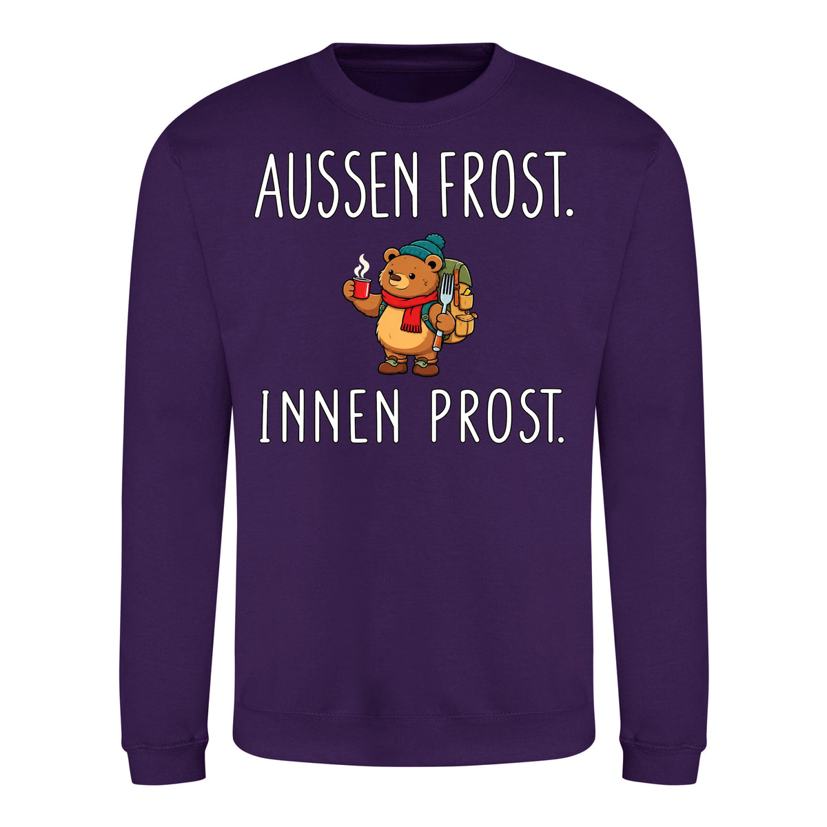 Außen Frost. Innen Prost. Sweater in Purple – Vorderansicht mit Kaiserbär-Weihnachtsmotiv