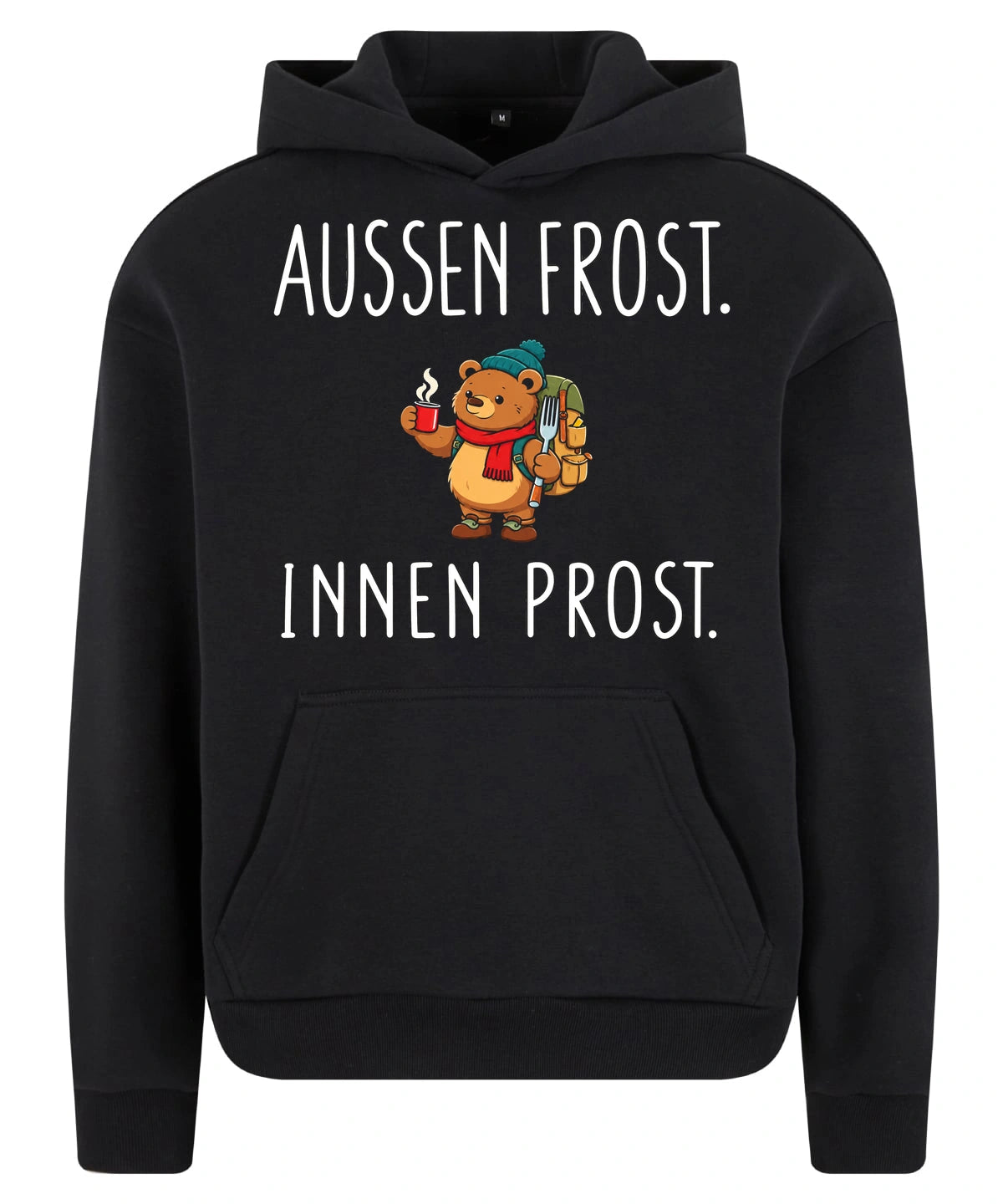 Außen Frost. Innen Prost. Hoodie in Black – Vorderansicht mit Kaiserbär-Weihnachtsmotiv