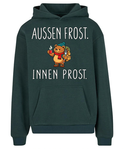 Außen Frost. Innen Prost. Hoodie in Bottle Green – Vorderansicht mit Kaiserbär-Weihnachtsmotiv