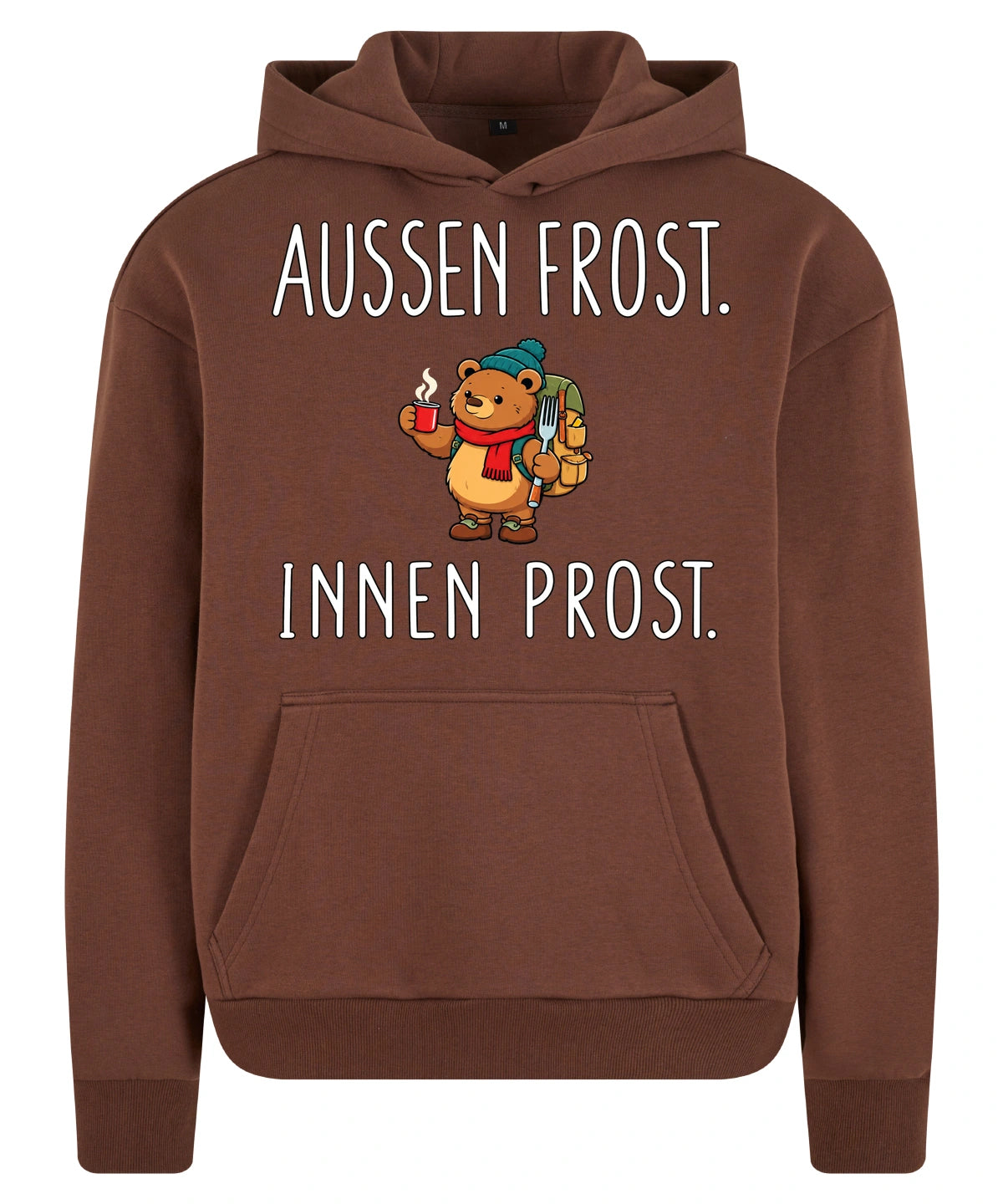 Außen Frost. Innen Prost. Hoodie in Chocolate Brown – Vorderansicht mit Kaiserbär-Weihnachtsmotiv