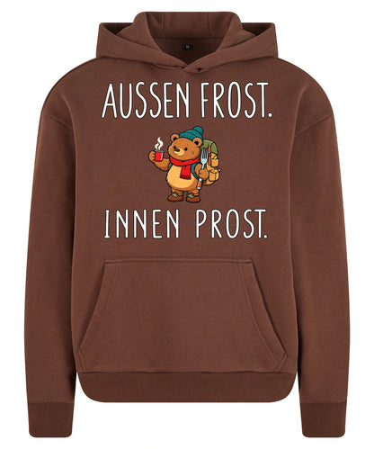 Außen Frost. Innen Prost. Hoodie in Chocolate Brown – Vorderansicht mit Kaiserbär-Weihnachtsmotiv