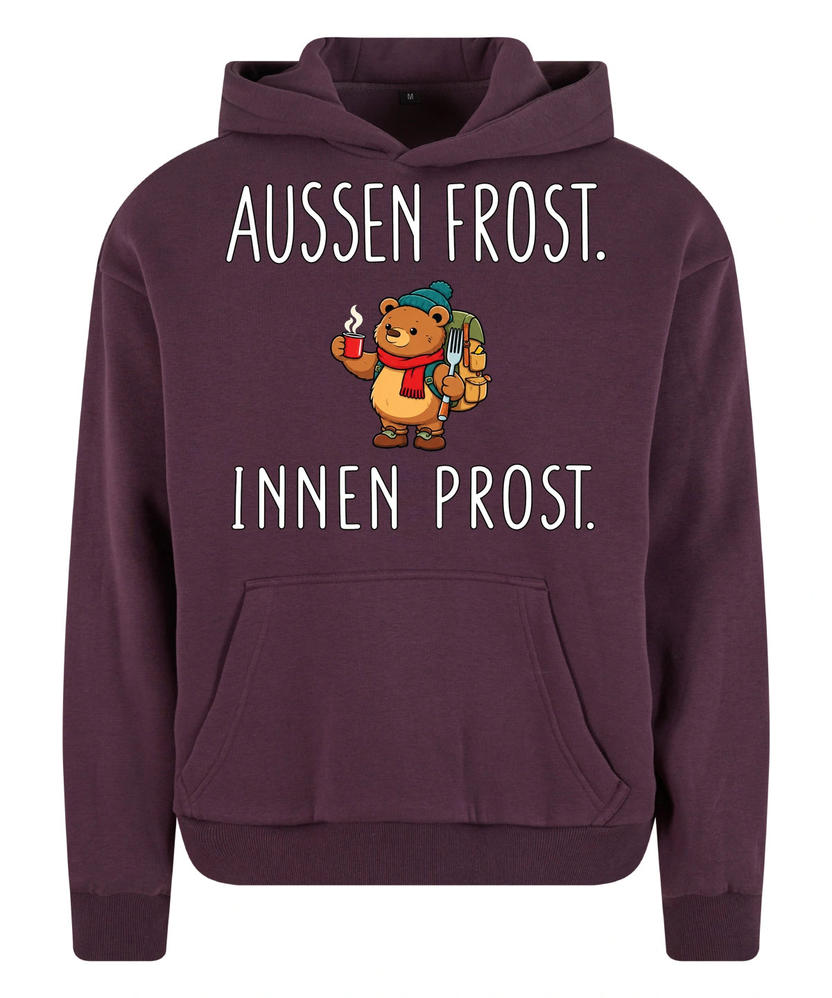 Außen Frost. Innen Prost. Hoodie in Plum Purple – Vorderansicht mit Kaiserbär-Weihnachtsmotiv