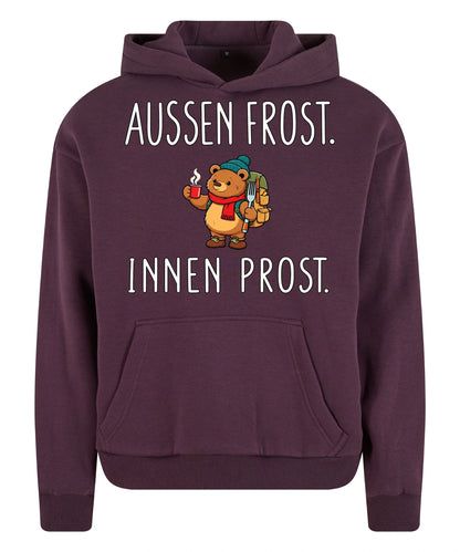 Außen Frost. Innen Prost. Hoodie in Plum Purple – Vorderansicht mit Kaiserbär-Weihnachtsmotiv