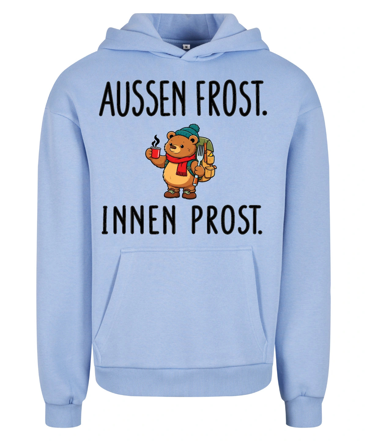 Außen Frost. Innen Prost. Hoodie in Powder Blue – Vorderansicht mit Kaiserbär-Weihnachtsmotiv