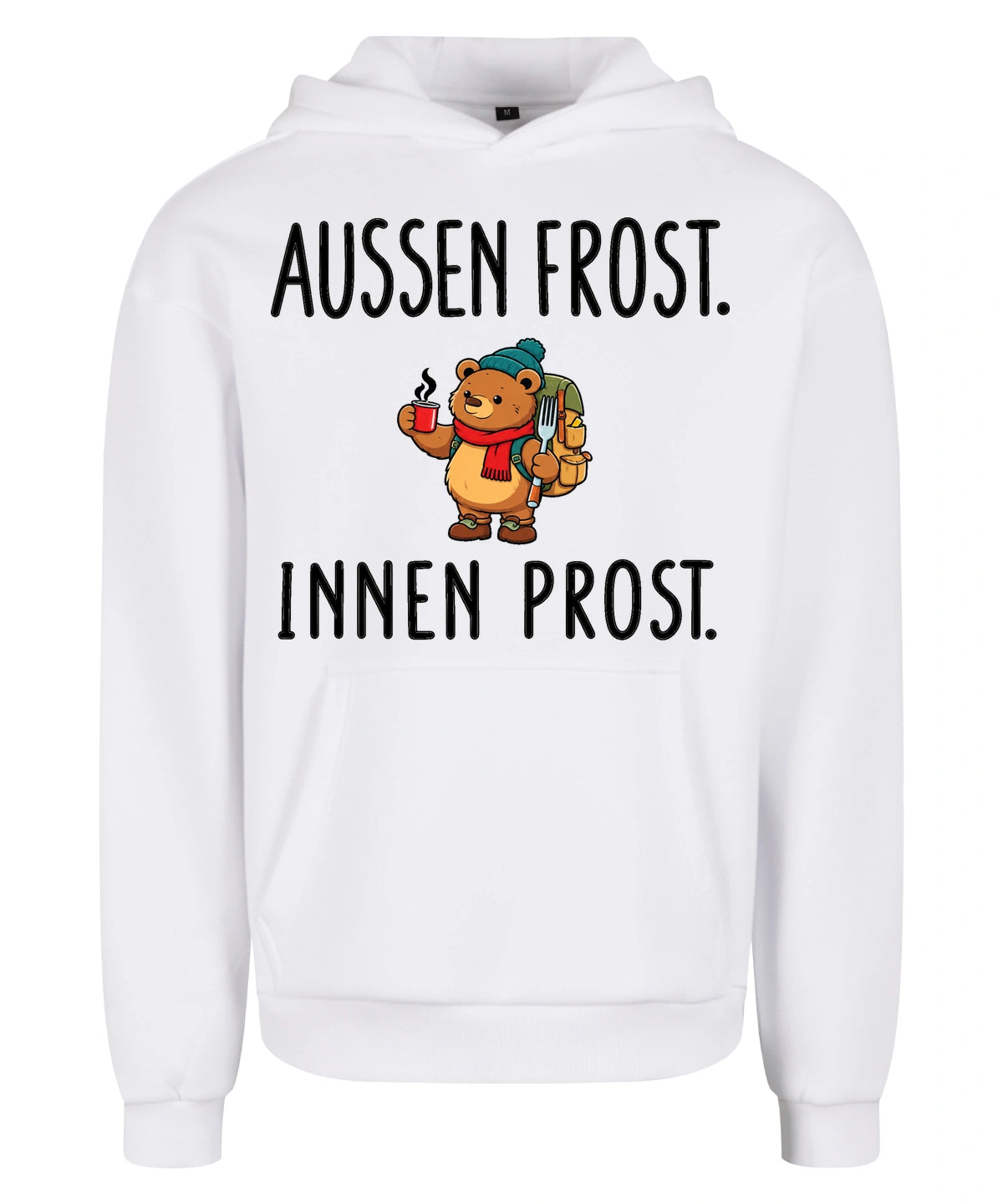 Außen Frost. Innen Prost. Hoodie in White – Vorderansicht mit Kaiserbär-Weihnachtsmotiv
