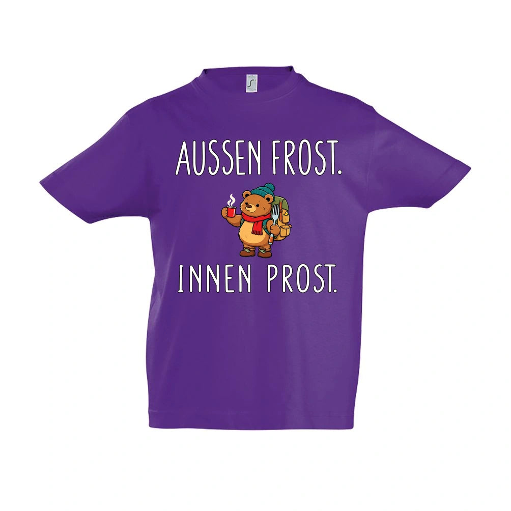 Außen Frost. Innen Prost. Kinder T-Shirt in Dark Purple – Vorderansicht, Motiv mittig zwischen den Ärmelansätzen