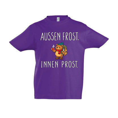 Außen Frost. Innen Prost. Kinder T-Shirt in Dark Purple – Vorderansicht, Motiv mittig zwischen den Ärmelansätzen
