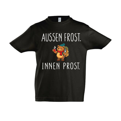 Außen Frost. Innen Prost. Kinder T-Shirt in Deep Black – Vorderansicht, Motiv mittig zwischen den Ärmelansätzen