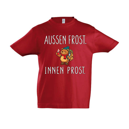 Außen Frost. Innen Prost. Kinder T-Shirt in Red – Vorderansicht, Motiv mittig zwischen den Ärmelansätzen