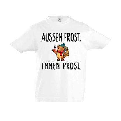 Außen Frost. Innen Prost. Kinder T-Shirt in White – Vorderansicht, Motiv mittig zwischen den Ärmelansätzen