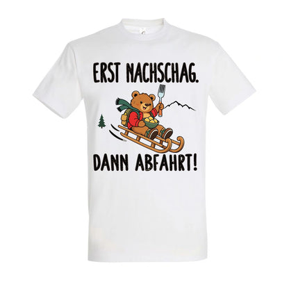 Erst Nachschlag T-Shirt Unisex in White – Vorderansicht mit mittlerer Brustplatzierung des Kaiserbär-Motivs