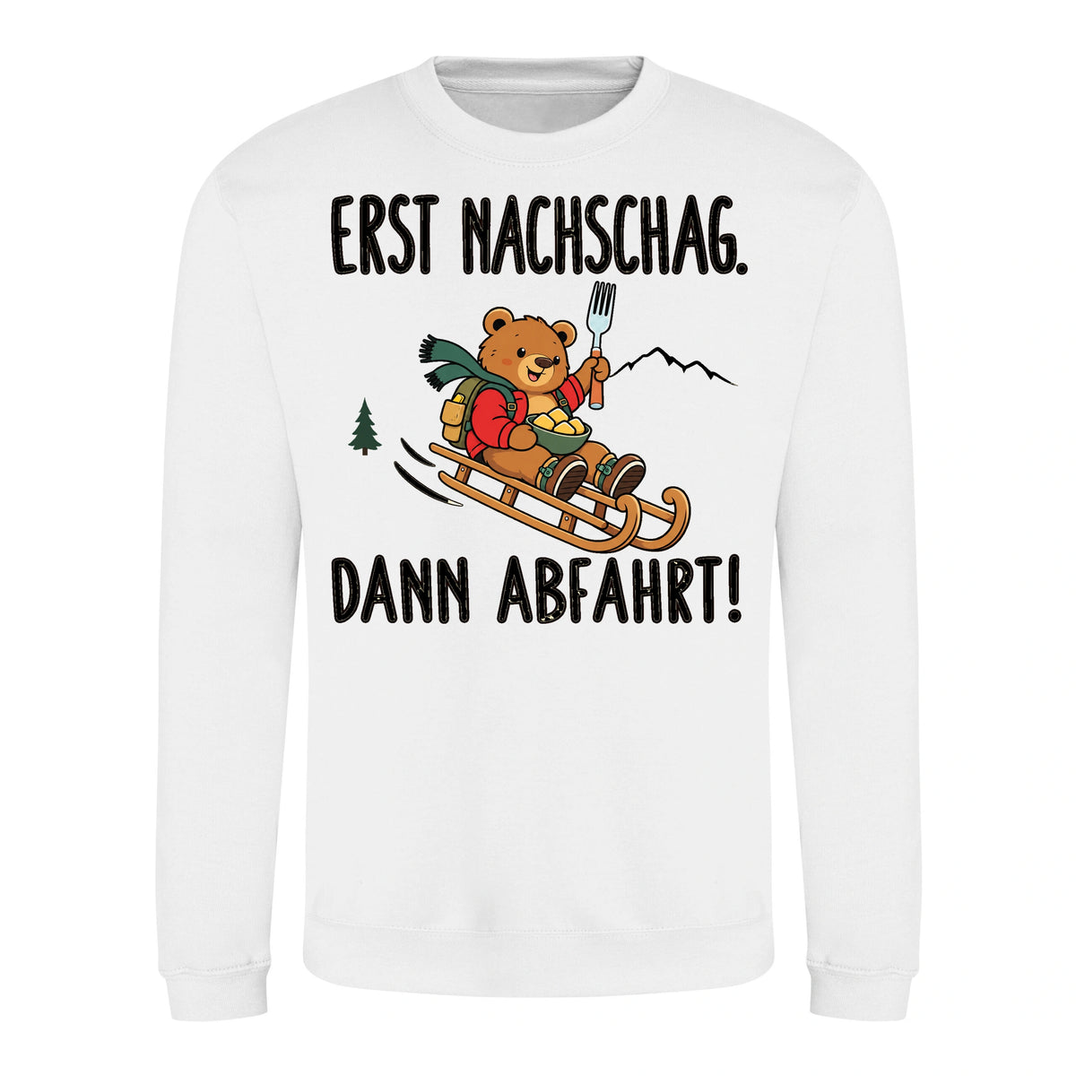 Erst Nachschlag Sweater in Arctic White – Vorderansicht mit Kaiserbär-Weihnachtsmotiv