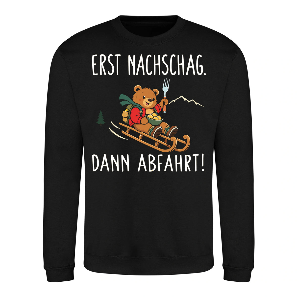 Erst Nachschlag Sweater in Deep Black – Vorderansicht mit Kaiserbär-Weihnachtsmotiv