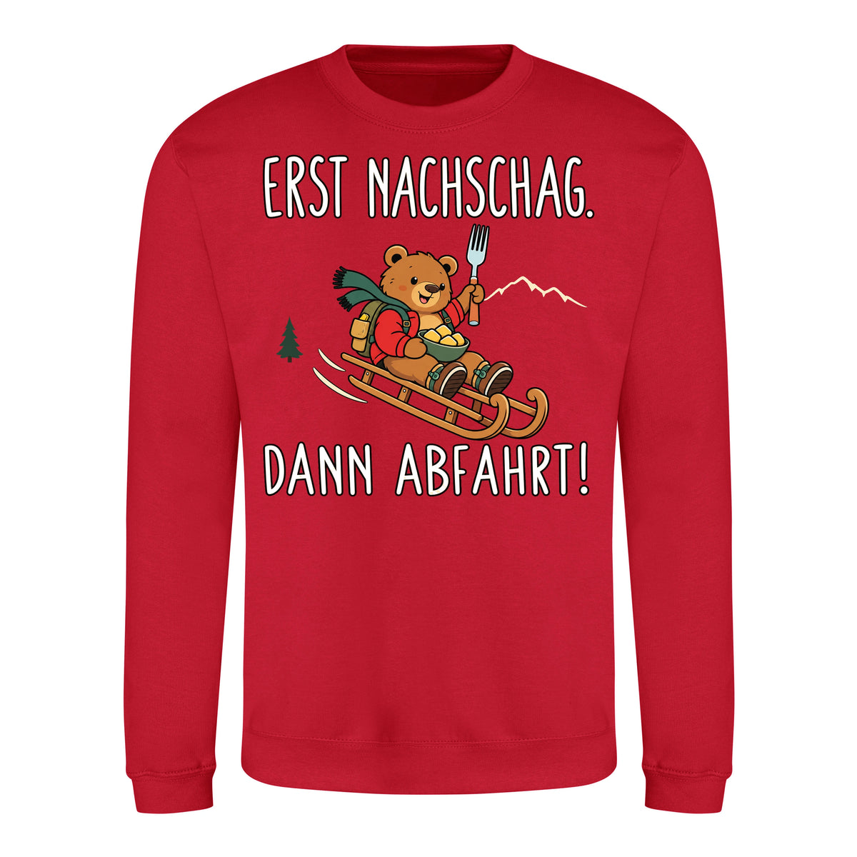 Erst Nachschlag Sweater in Fire Red – Vorderansicht mit Kaiserbär-Weihnachtsmotiv