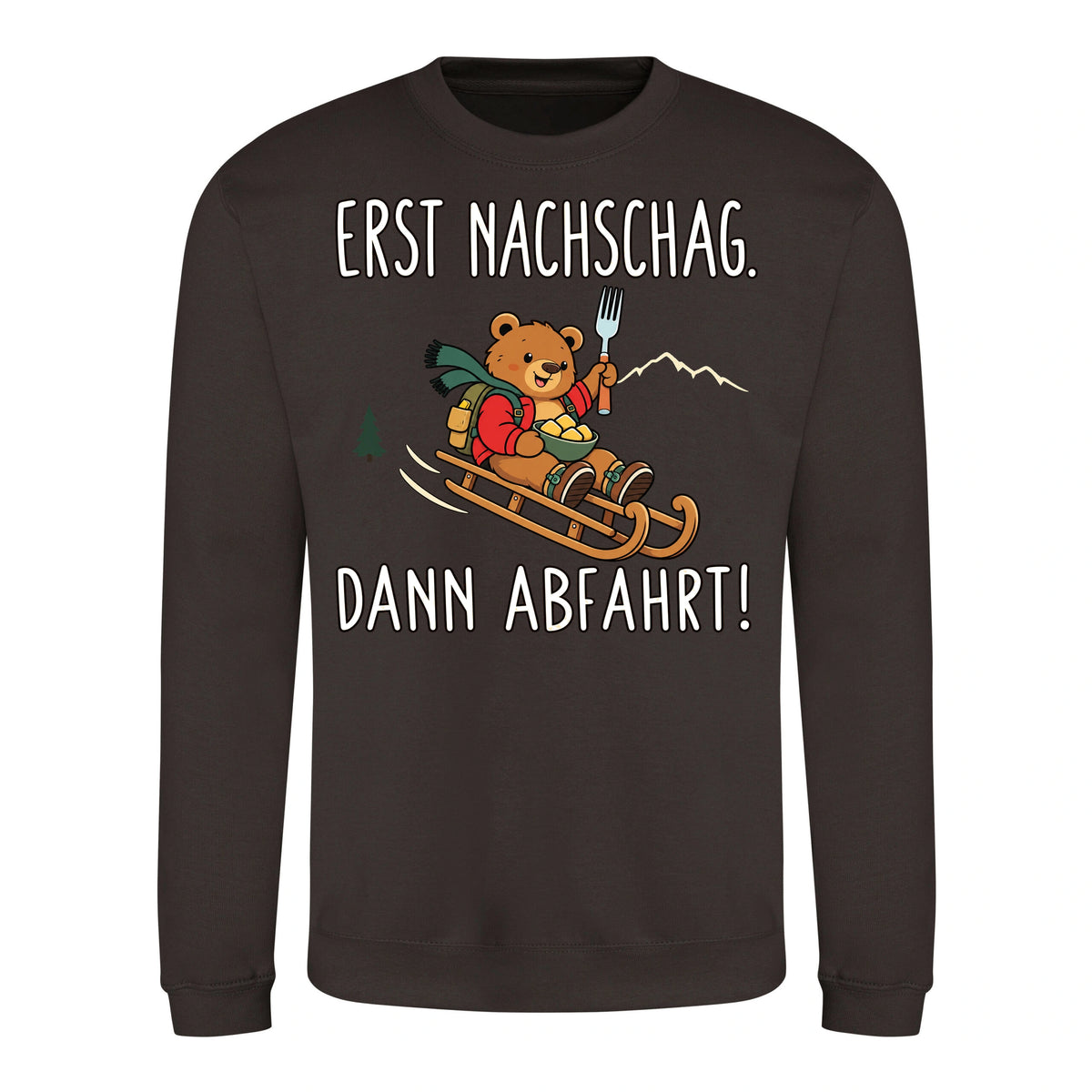 Erst Nachschlag Sweater in Hot Chocolate – Vorderansicht mit Kaiserbär-Weihnachtsmotiv