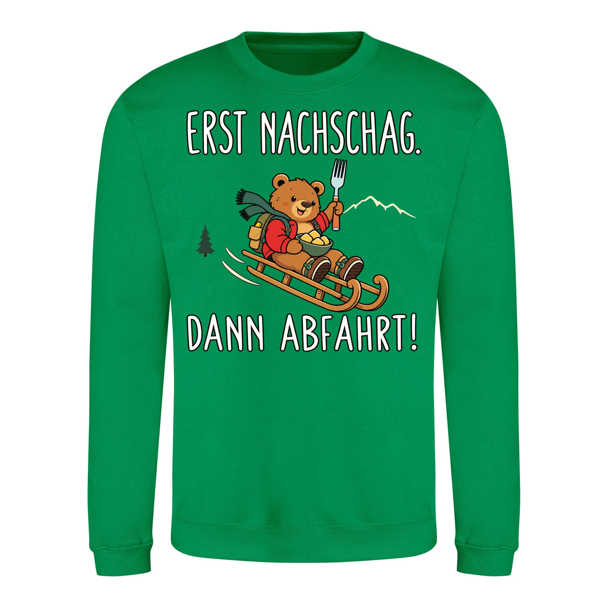 Erst Nachschlag Sweater in Kelly Green – Vorderansicht mit Kaiserbär-Weihnachtsmotiv