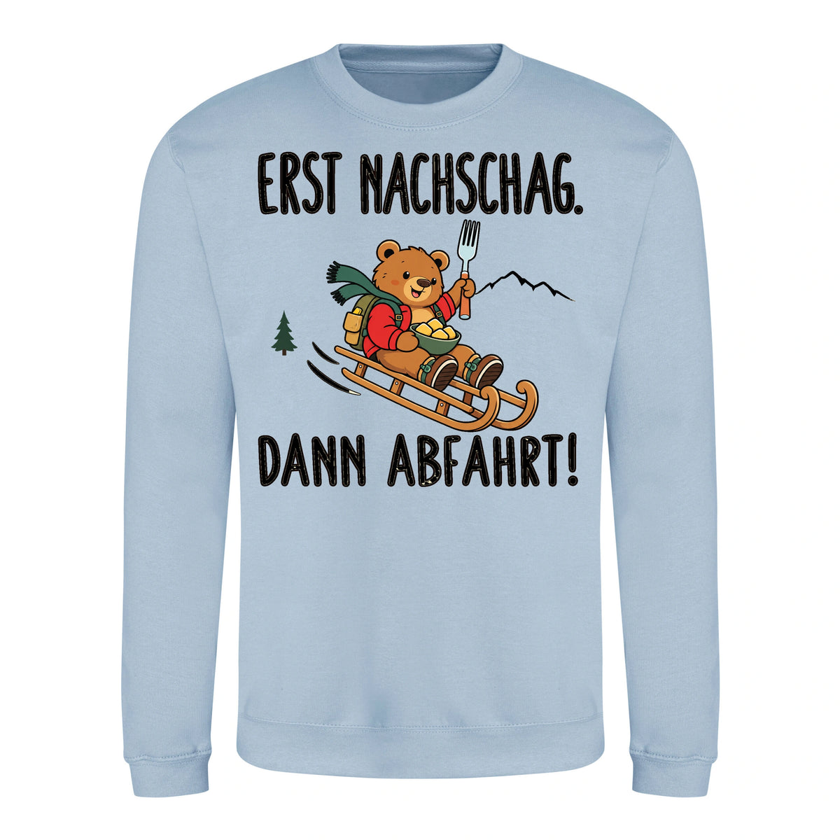 Erst Nachschlag Sweater in Sky Blue – Vorderansicht mit Kaiserbär-Weihnachtsmotiv