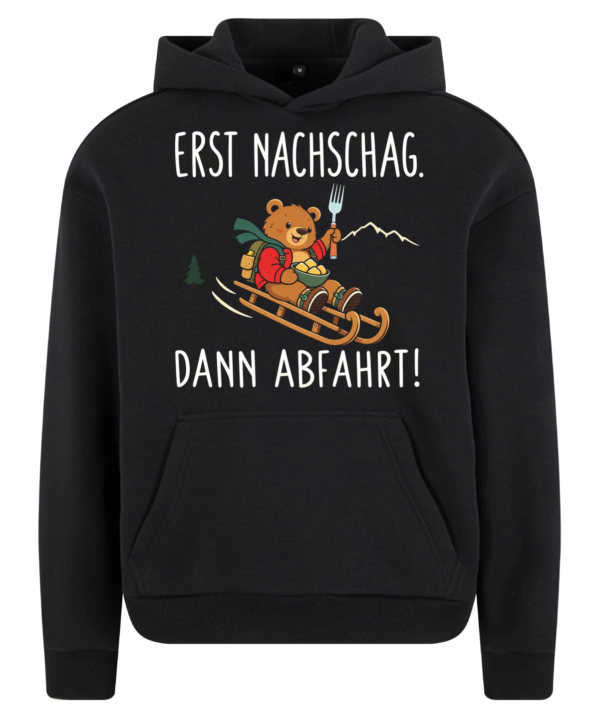 Erst Nachschlag Hoodie in Black – Vorderansicht mit Kaiserbär-Weihnachtsmotiv