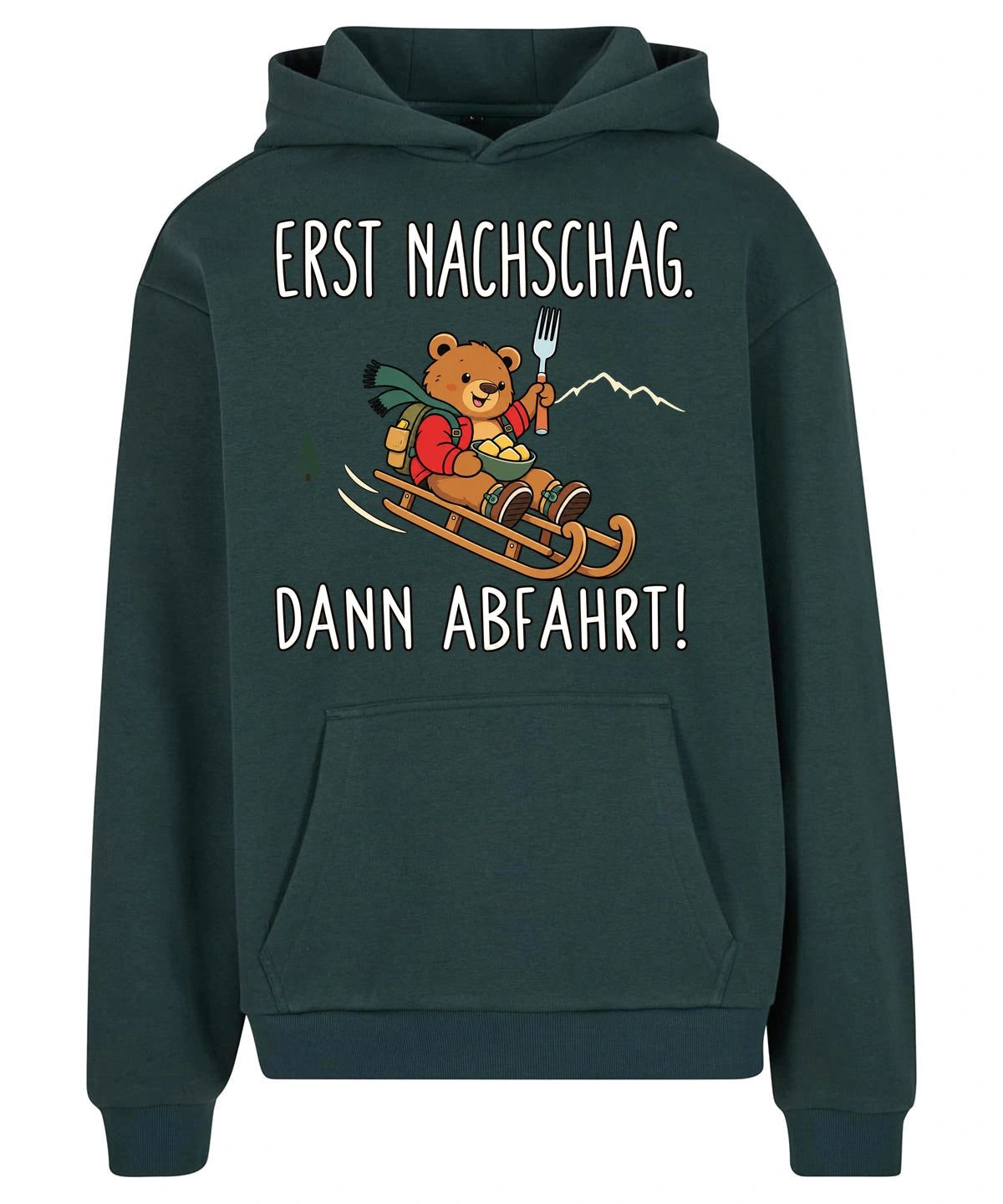 Erst Nachschlag Hoodie in Bottle Green – Vorderansicht mit Kaiserbär-Weihnachtsmotiv