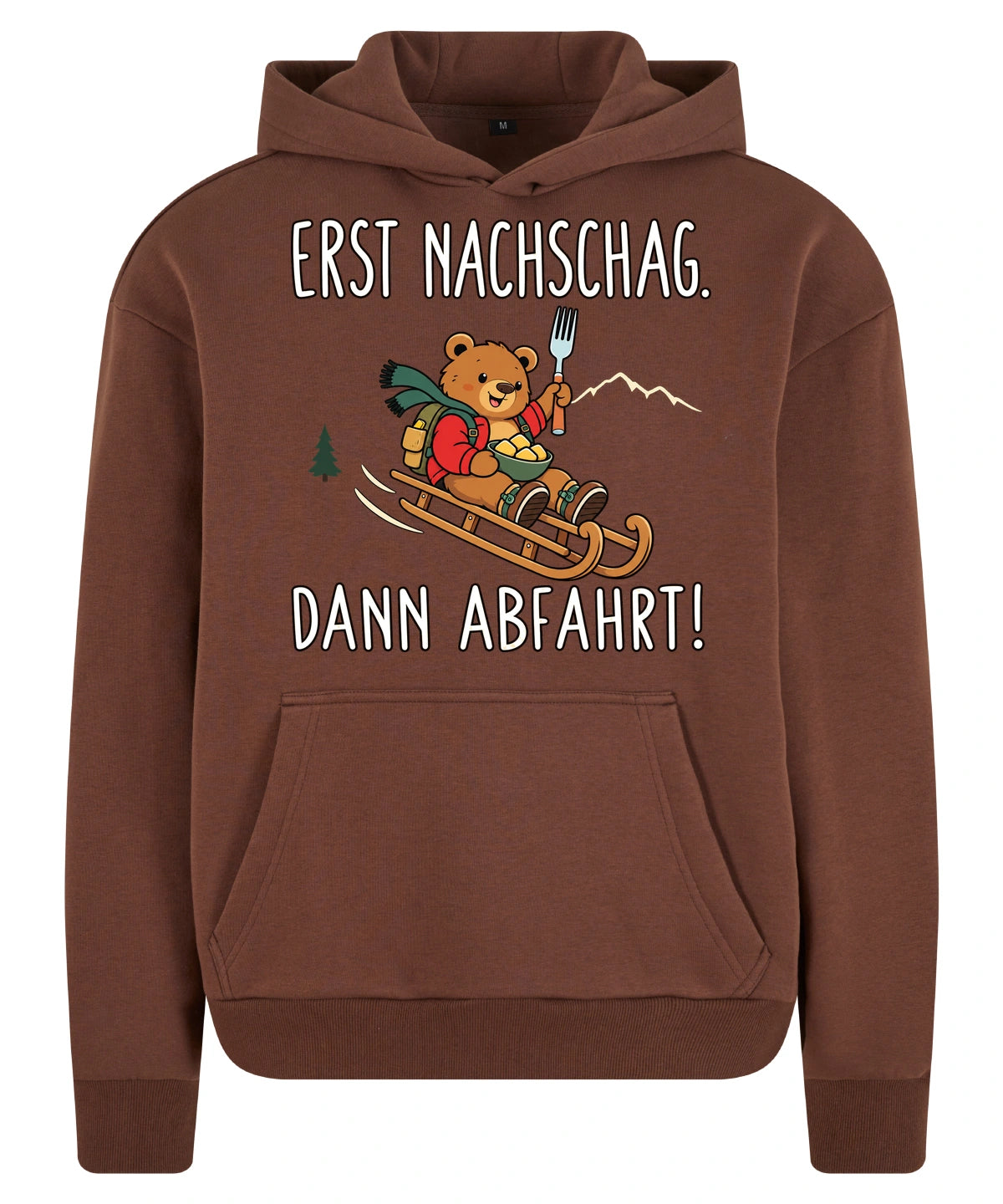 Erst Nachschlag Hoodie in Chocolate Brown – Vorderansicht mit Kaiserbär-Weihnachtsmotiv