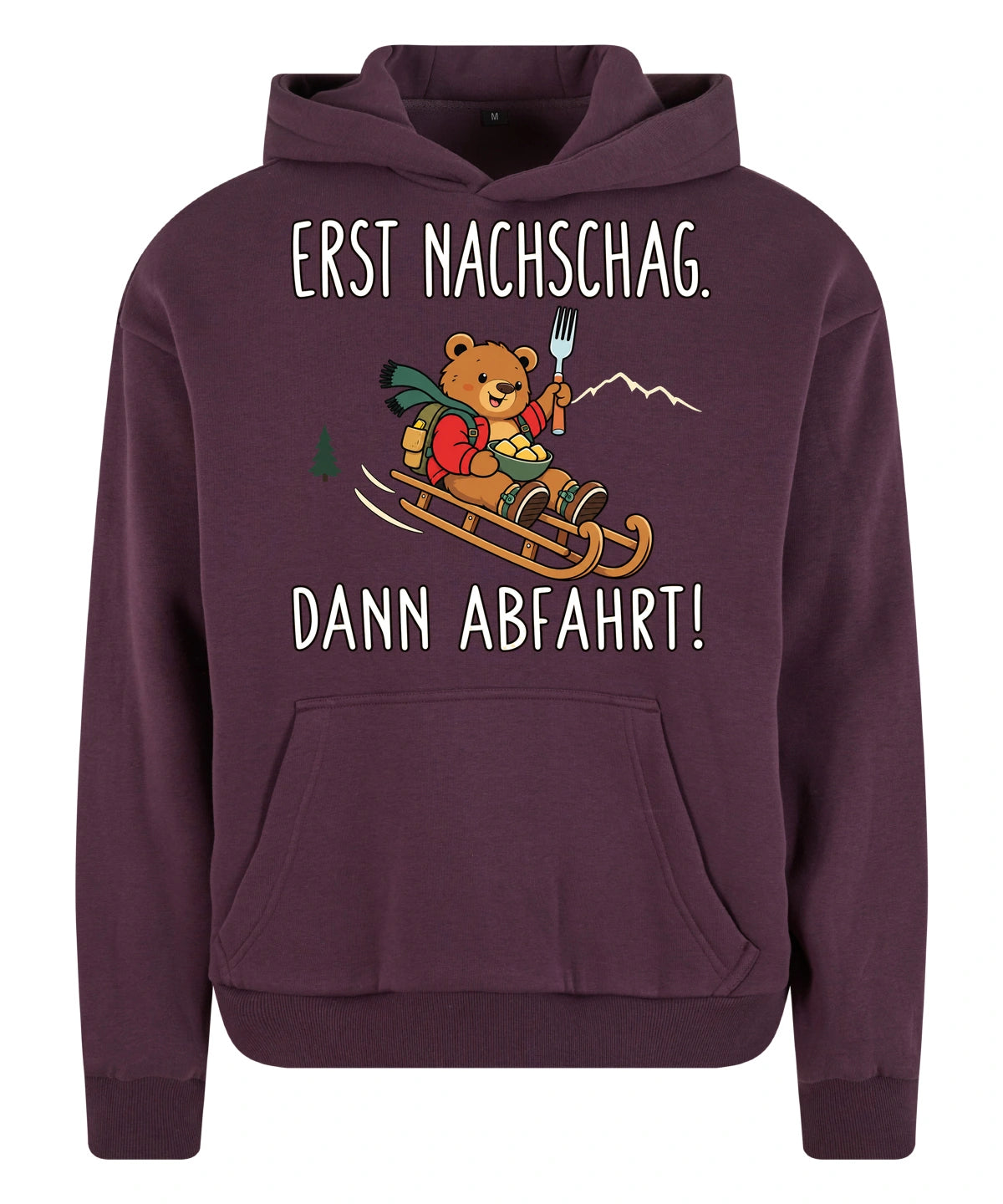 Erst Nachschlag Hoodie in Plum Purple – Vorderansicht mit Kaiserbär-Weihnachtsmotiv
